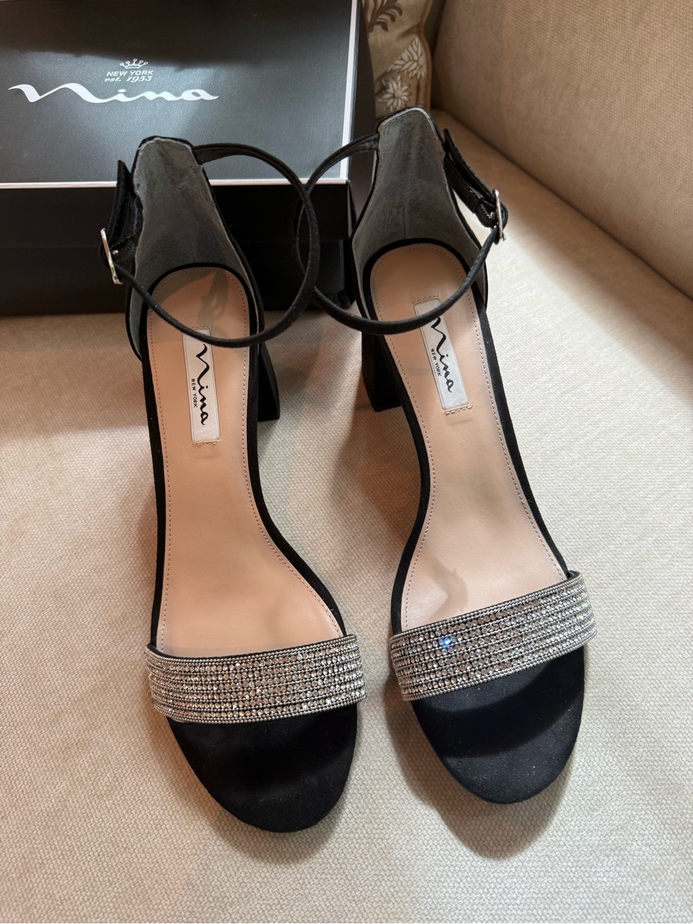 Nina Black Satin Ankle-Strap Heels with Rhinestone Toe Band